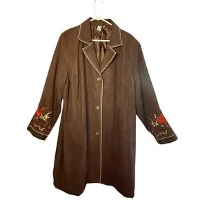 Silk Land Woman 2X Brown Embroidered Floral Long Duster Jacket Boho